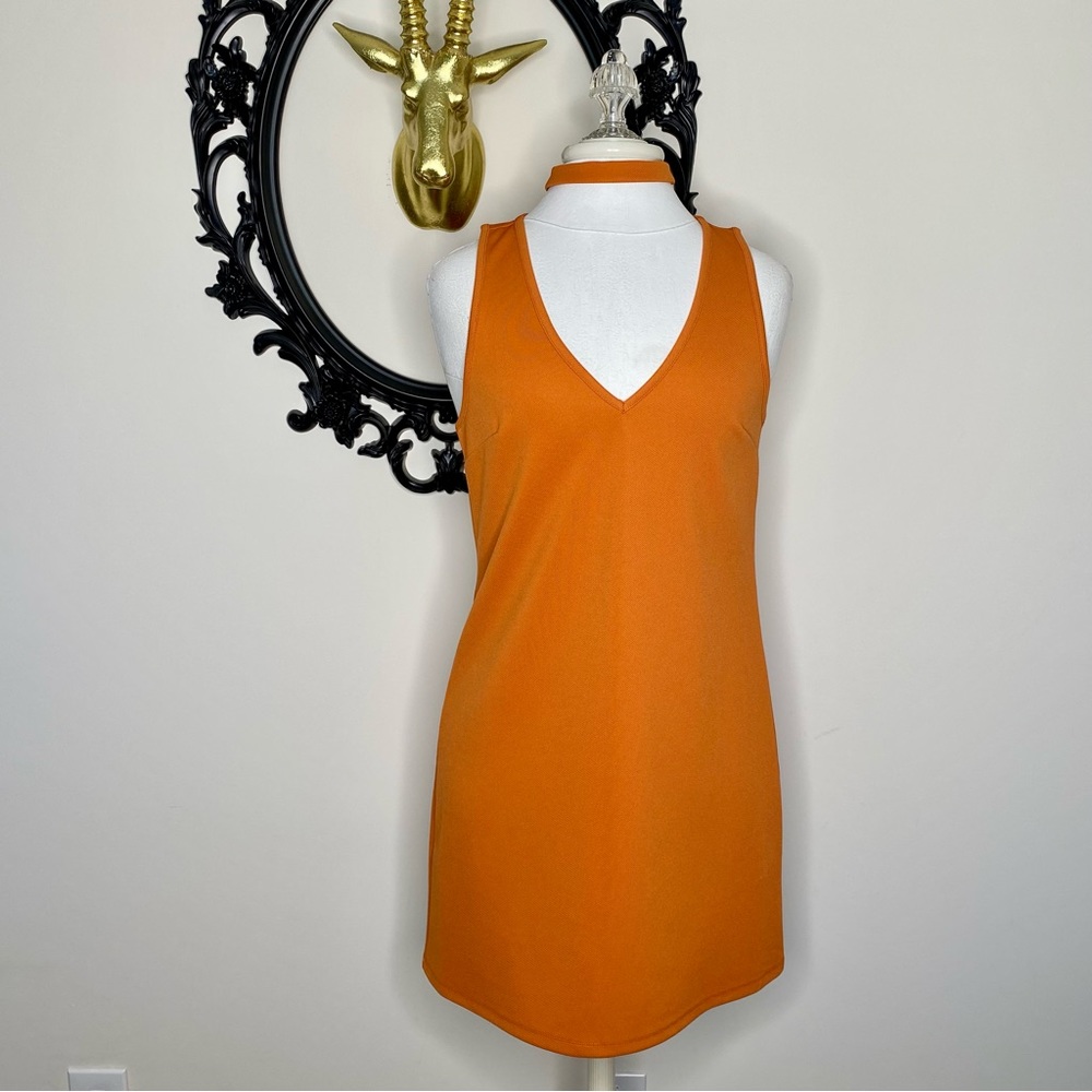 Black Swan Orange V Neck Dress with Choker Detail